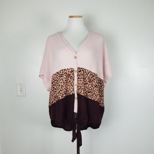 Umgee waffle knit color block leopard print tie front top women's XL
